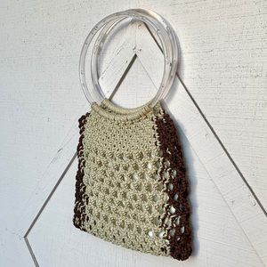 Vintage 1970s macrame bag, clear acrylic handles